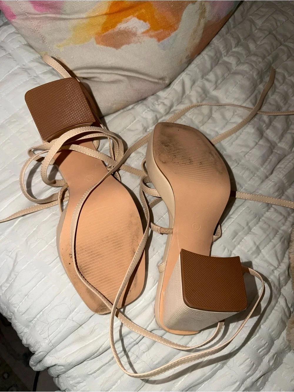 Women's Strappy Square-Toe Heeled Sandals in Nude